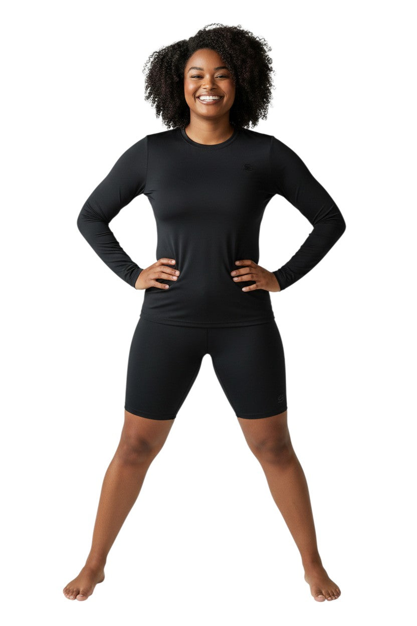 The Lifeguard Store Kiefer Solid Long Sleeve Crewneck Rashguard in black, made of 91% polyester and 9% spandex with UPF50+ UV protection.