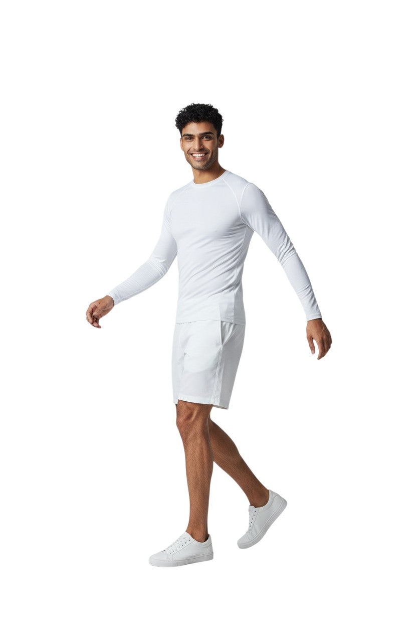 The Lifeguard Store Kiefer Solid Long Sleeve Crewneck Rashguard in white, made of 91% polyester and 9% spandex with UPF50+ UV protection.