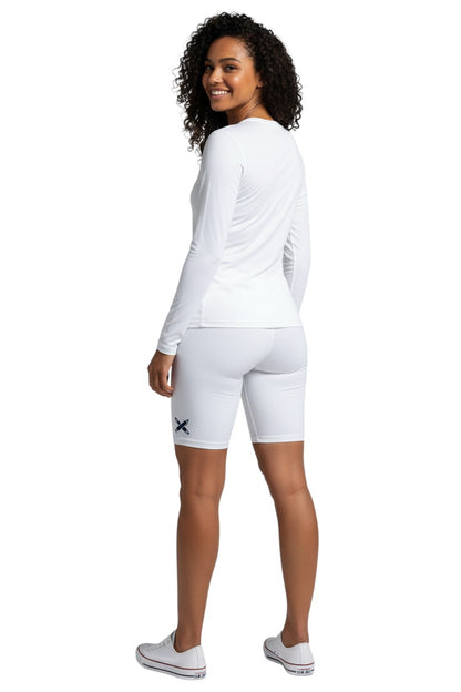 The Lifeguard Store Kiefer Solid Long Sleeve Crewneck Rashguard in white, made of 91% polyester and 9% spandex with UPF50+ UV protection.