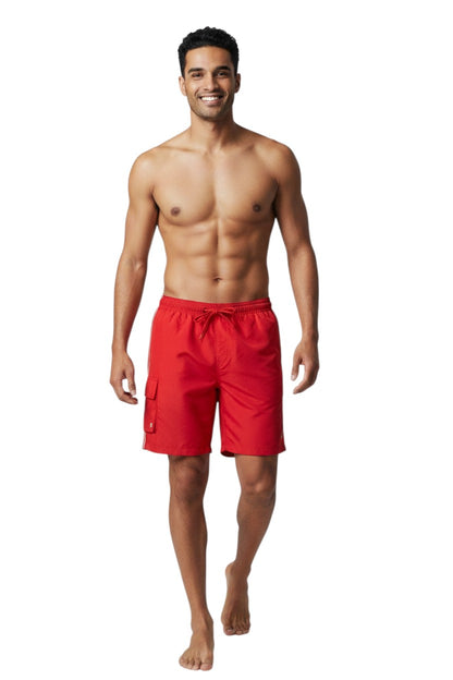 The Lifeguard Store Kiefer Men's Solid Red Polyester Board Shorts with cargo pocket and drawstring waist.