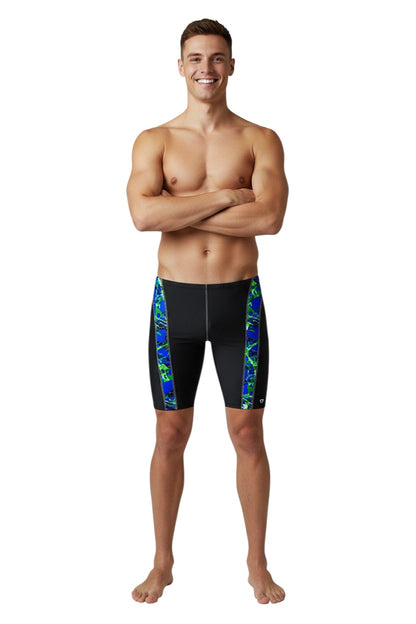 The Lifeguard Store Kiefer Sandies Wave Daze Jammer swimsuit in black with blue and green abstract side panels. Polyester/Spandex blend.
