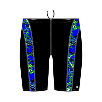 The Lifeguard Store Kiefer Sandies Wave Daze Jammer in black with blue and green abstract side panels. Made of polyester and spandex.
