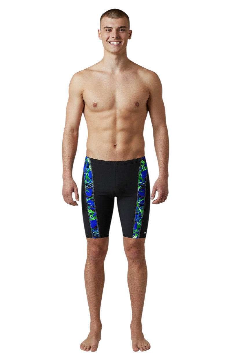 The Lifeguard Store Kiefer Sandies Wave Daze Jammer swimsuit in black with blue and green abstract side panels. Polyester/Spandex blend.