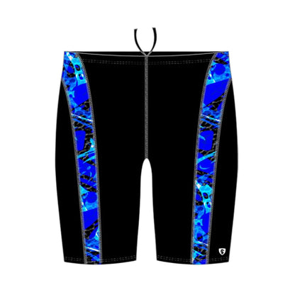 The Lifeguard Store Kiefer Sandies Wave Daze Jammer in black with blue abstract side panels. Polyester/Spandex blend.