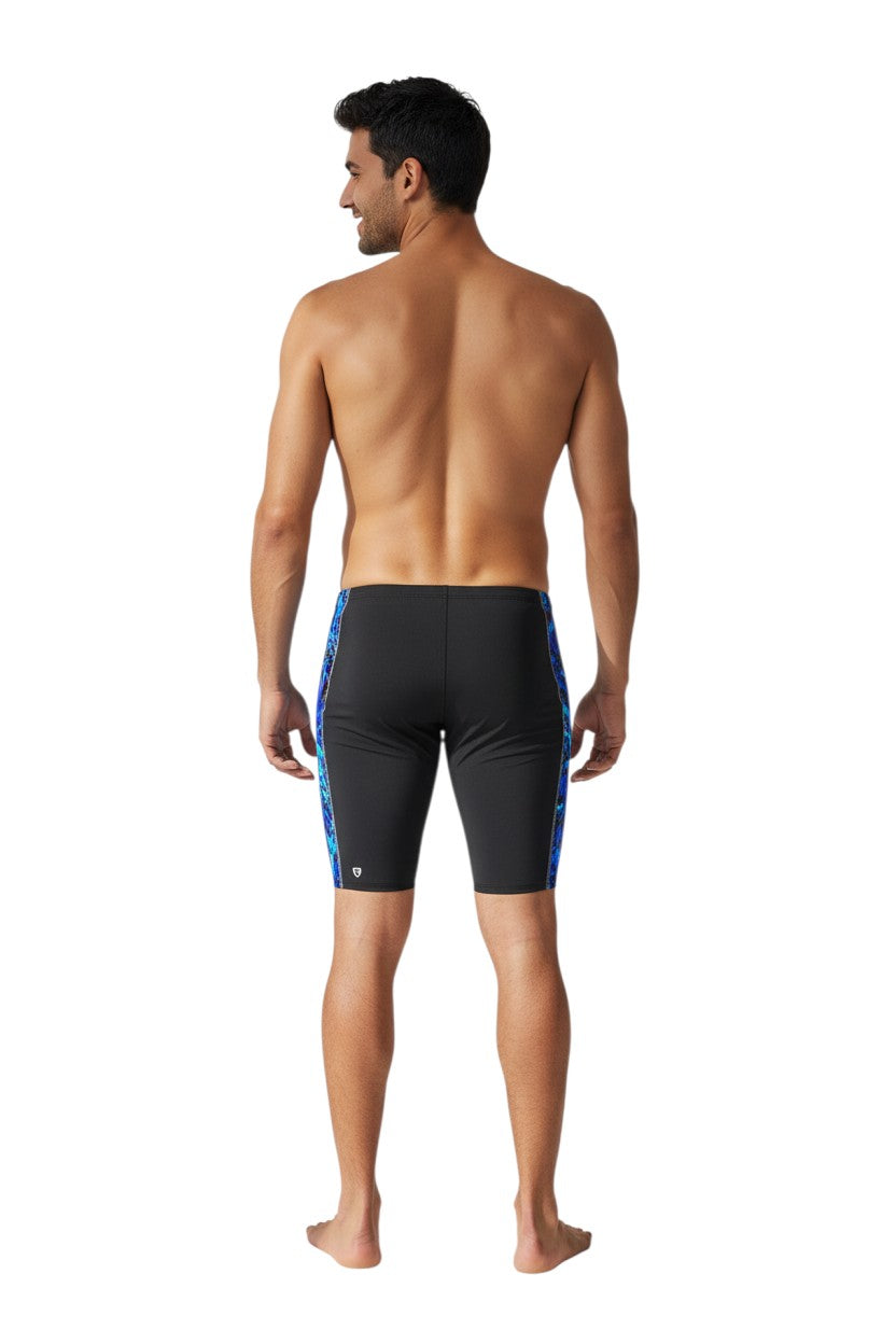 The Lifeguard Store Kiefer Sandies Wave Daze Jammer swimsuit in black with blue abstract side panels. Polyester/Spandex blend.