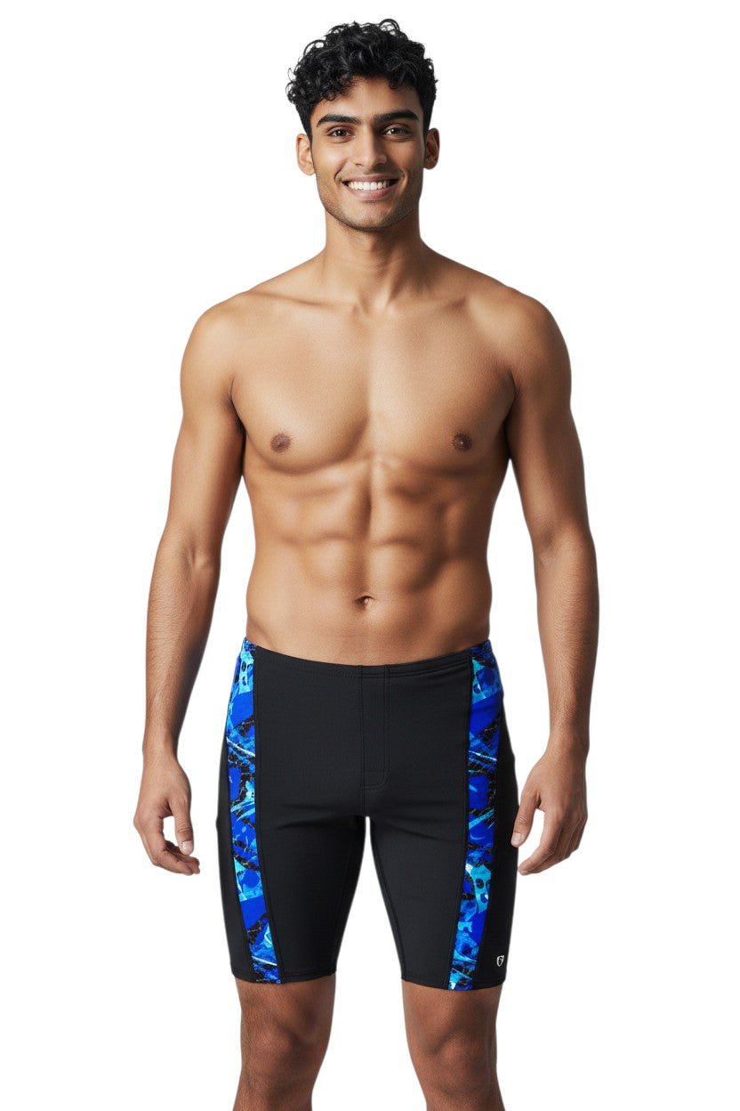 The Lifeguard Store Kiefer Sandies Wave Daze Jammer swimsuit in black with blue abstract side panels. Polyester/Spandex blend.