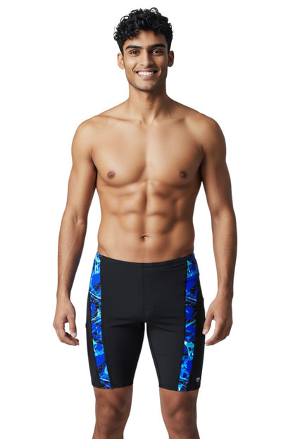 The Lifeguard Store Kiefer Sandies Wave Daze Jammer swimsuit in black with blue abstract side panels. Polyester/Spandex blend.