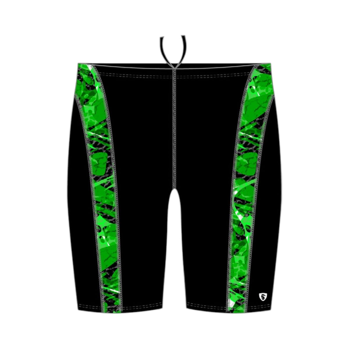 The Lifeguard Store Kiefer Sandies Wave Daze Jammer in black with green marble side panels. Polyester/Spandex blend.