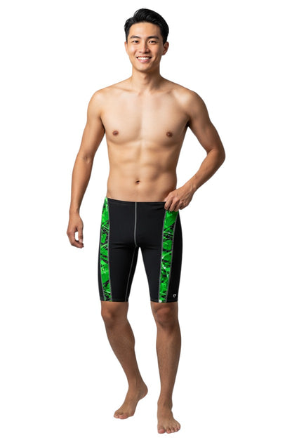 The Lifeguard Store Kiefer Sandies Wave Daze Jammer swimsuit in black with green camouflage side panels. Polyester/Spandex blend.