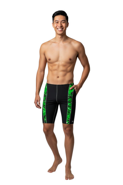 The Lifeguard Store Kiefer Sandies Wave Daze Jammer swimsuit in black with green camouflage side panels. Polyester/Spandex blend.