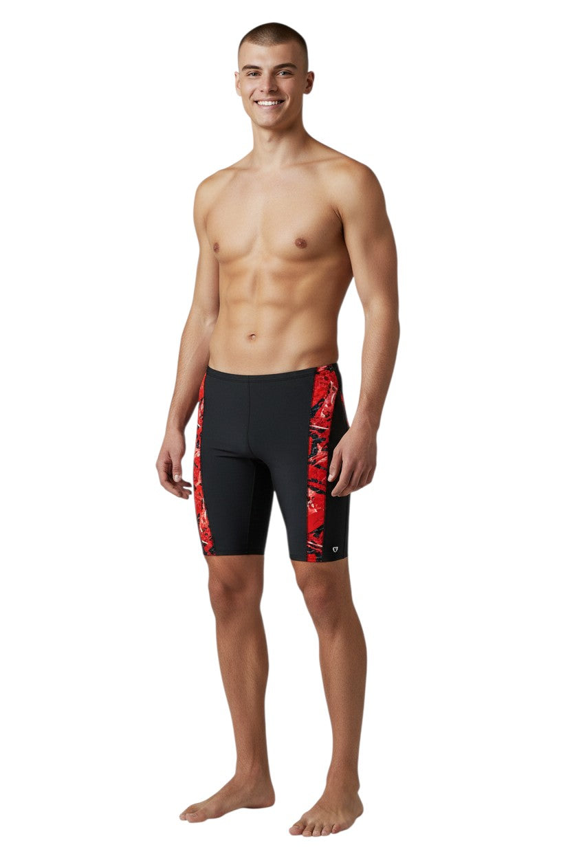 The Lifeguard Store Kiefer Sandies Wave Daze Jammer swimsuit in black with red and black abstract side panels. Made of Polyester/Spandex.