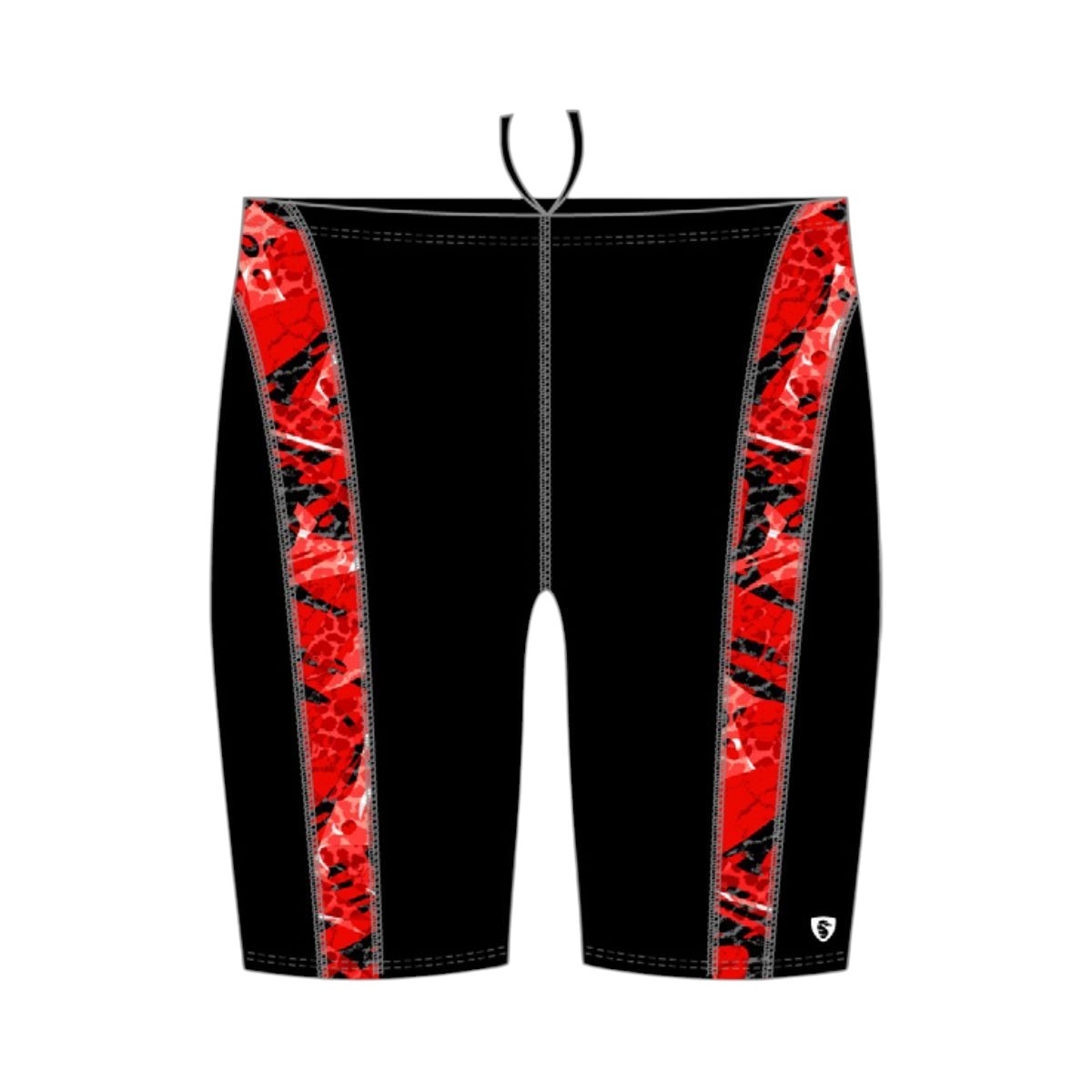 The Lifeguard Store Kiefer Sandies Wave Daze Jammer in black with red and black abstract side panels. Polyester/Spandex blend.