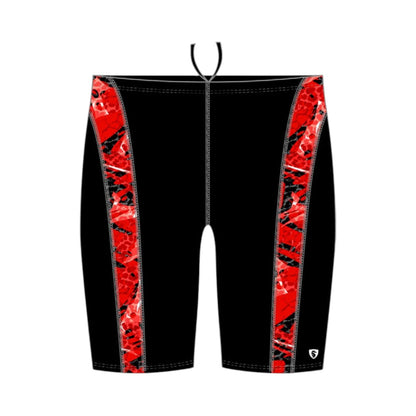 The Lifeguard Store Kiefer Sandies Wave Daze Jammer in black with red and black abstract side panels. Polyester/Spandex blend.
