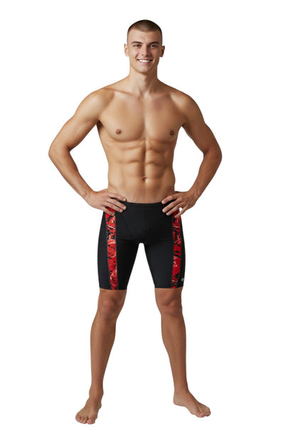 The Lifeguard Store Kiefer Sandies Wave Daze Jammer swimsuit in black with red abstract side panels. Polyester/Spandex blend.