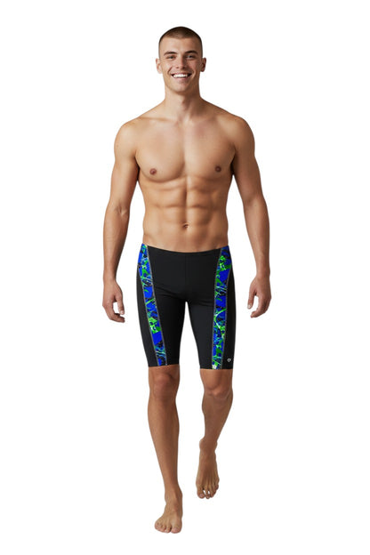 The Lifeguard Store Kiefer Sandies Wave Daze Jammer swimsuit in black with blue and green abstract side panels. Polyester/Spandex blend.
