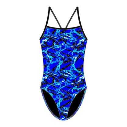 The Lifeguard Store Kiefer Sandies Wave Daze One Piece swimsuit in blue with abstract black and white pattern. H-back style.