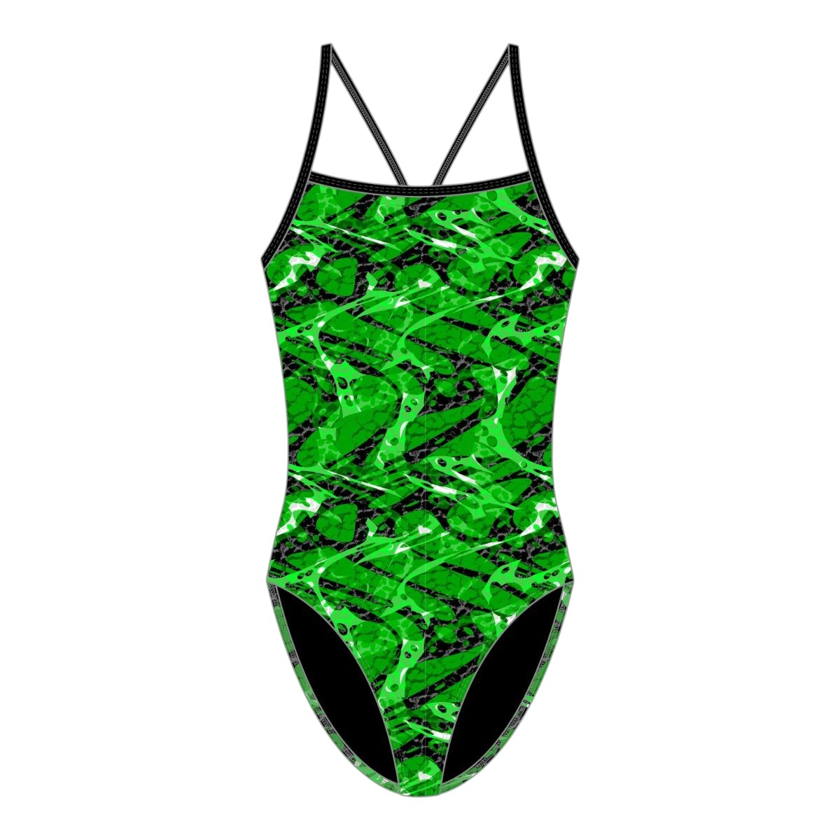 The Lifeguard Store Kiefer Sandies Wave Daze one piece swimsuit with a green, black, and white abstract wave pattern. Features H-back straps.