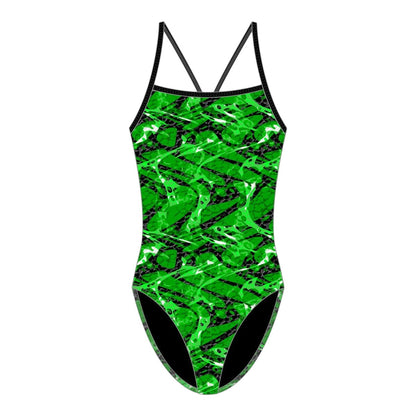 The Lifeguard Store Kiefer Sandies Wave Daze one piece swimsuit with a green, black, and white abstract wave pattern. Features H-back straps.