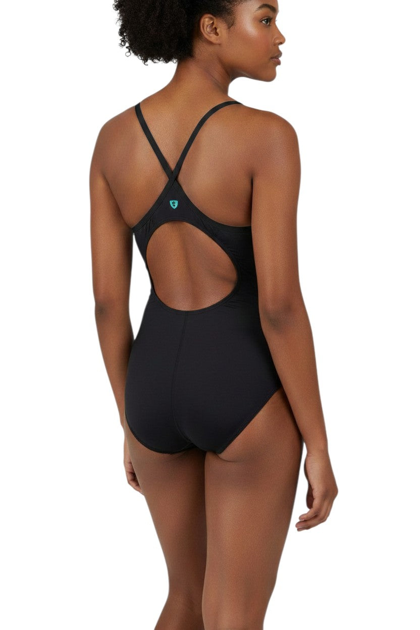 The Lifeguard Store Kiefer Solid H-Back black one-piece swimsuit with white trim and criss-cross straps. Made of poly-spandex.