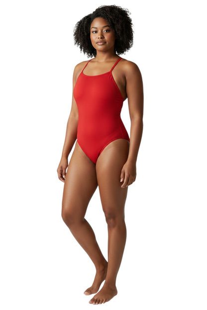 The Lifeguard Store Kiefer Solid H-Back red swimsuit made of poly stretch fabric with UPF50+ protection.