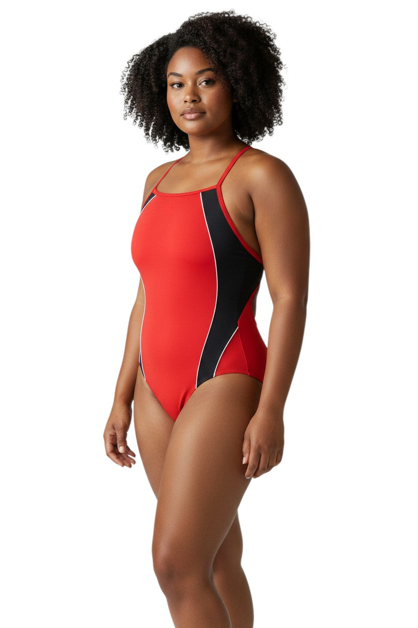 The Lifeguard Store Kiefer Solid H-Back Splice swimsuit in red and black with white trim. Made of poly-spandex blend.