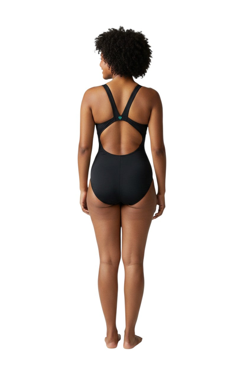 The Lifeguard Store Kiefer Solid MB Back w/Shelf Bra, black polyester-spandex swimsuit with built-in shelf bra and UPF 50+ protection.