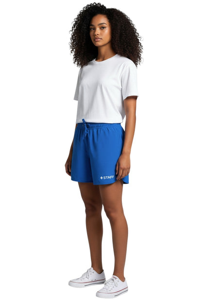 The Lifeguard Store Kiefer Staff women's royal blue 5" polyester shorts with drawstring waist and staff logo.