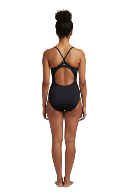 The Lifeguard Store Kiefer Staff H-Back black one-piece swimsuit with white straps and a teal logo detail.