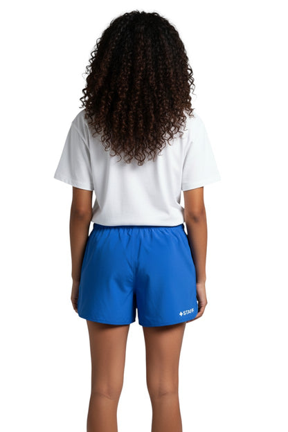 The Lifeguard Store Kiefer Staff women's 5-inch inseam royal blue polyester quick-dry shorts with drawstring waist and pockets.