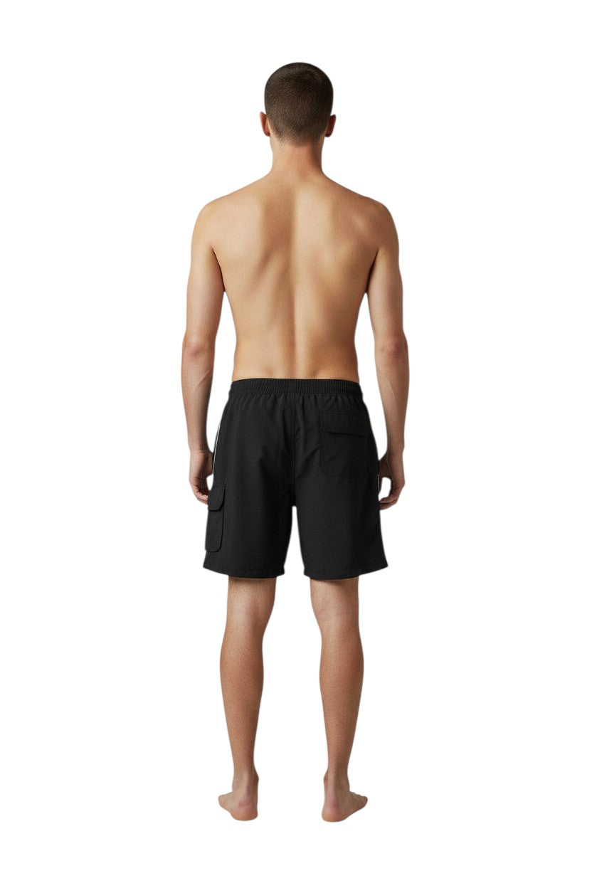 The Lifeguard Store Kiefer Supervisor Board Short with Liner in black. Features a 7" inseam, cargo pocket, and elastic waistband.