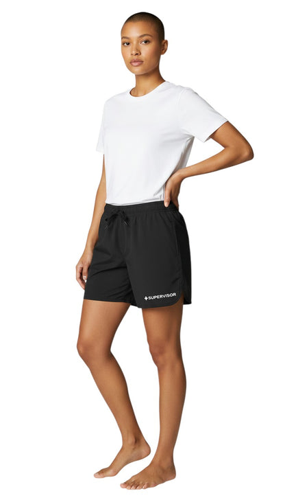 The Lifeguard Store Kiefer Supervisor women's 5" black polyester shorts with drawstring and front pockets.