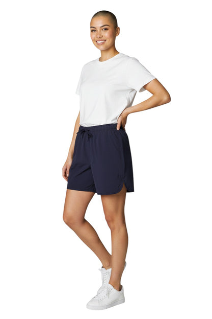 The Lifeguard Store Kiefer Women's 5" navy blue polyester shorts with drawstring and UPF 30+ protection.