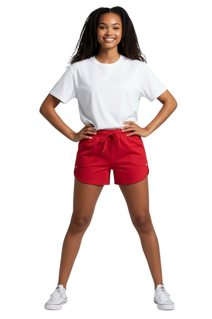 The Lifeguard Store Kiefer Women’s 5” red polyester shorts with elastic waistband and drawstring. UPF30+ protection.