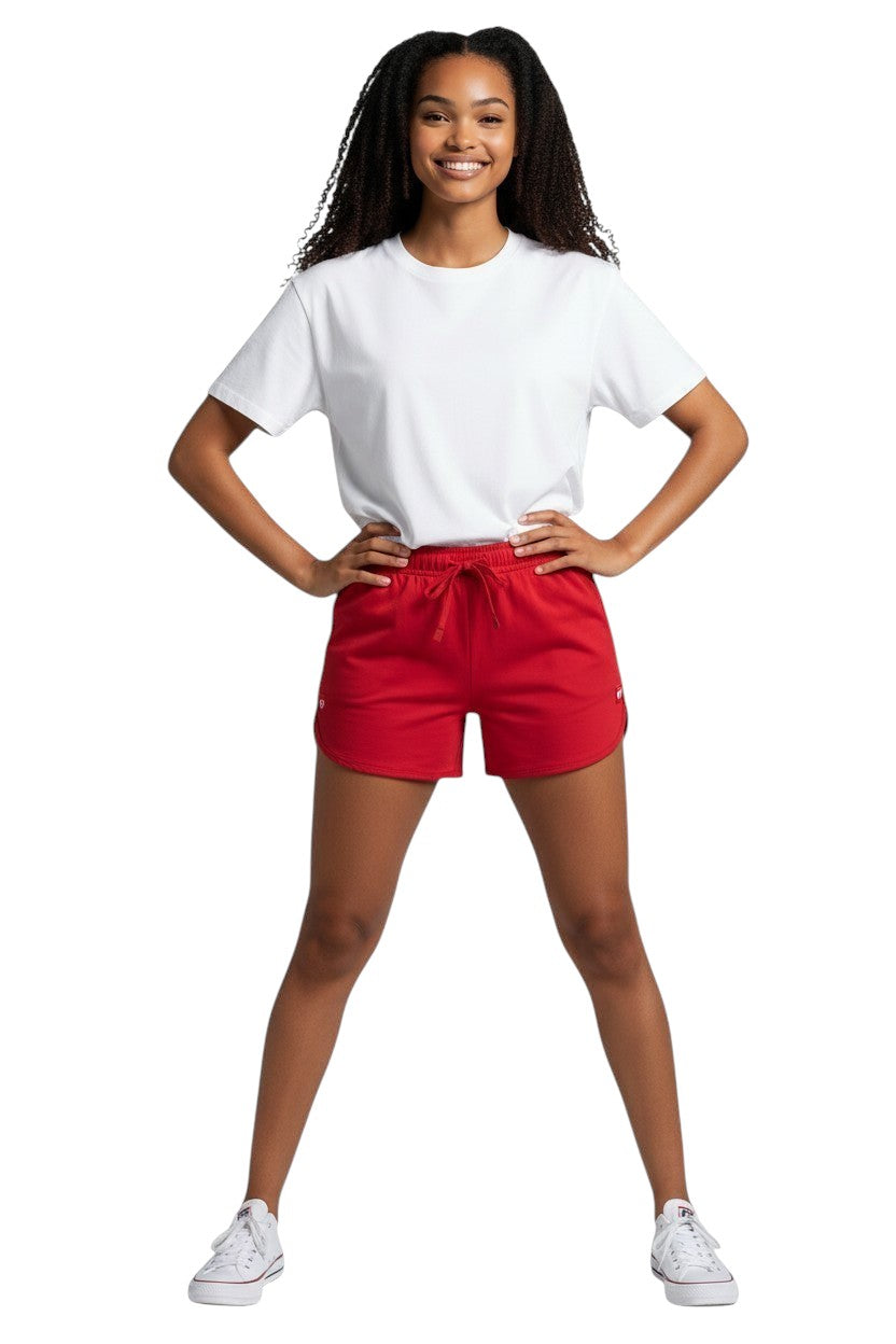 The Lifeguard Store Kiefer Women’s 5” red polyester shorts with elastic waistband and drawstring. UPF30+ protection.