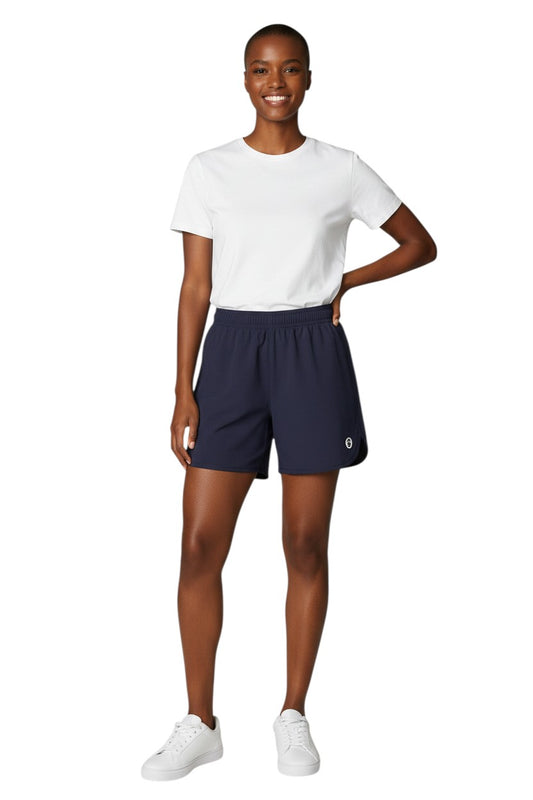 The Lifeguard Store Kiefer Women’s 5” navy blue polyester shorts with elastic waistband and drawstring.