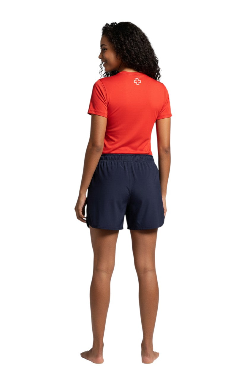 The Lifeguard Store Kiefer Women’s 5” navy blue quick-dry stretch shorts with elastic waistband and drawstring.