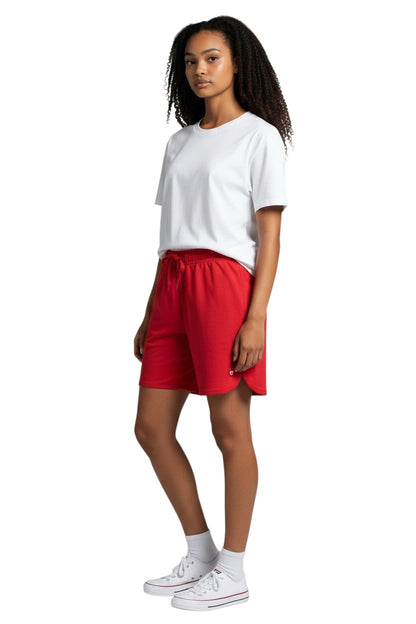 Kiefer Women’s 5” red polyester shorts with elastic waistband and drawstring. Quick-dry fabric with UPF30+ protection.
