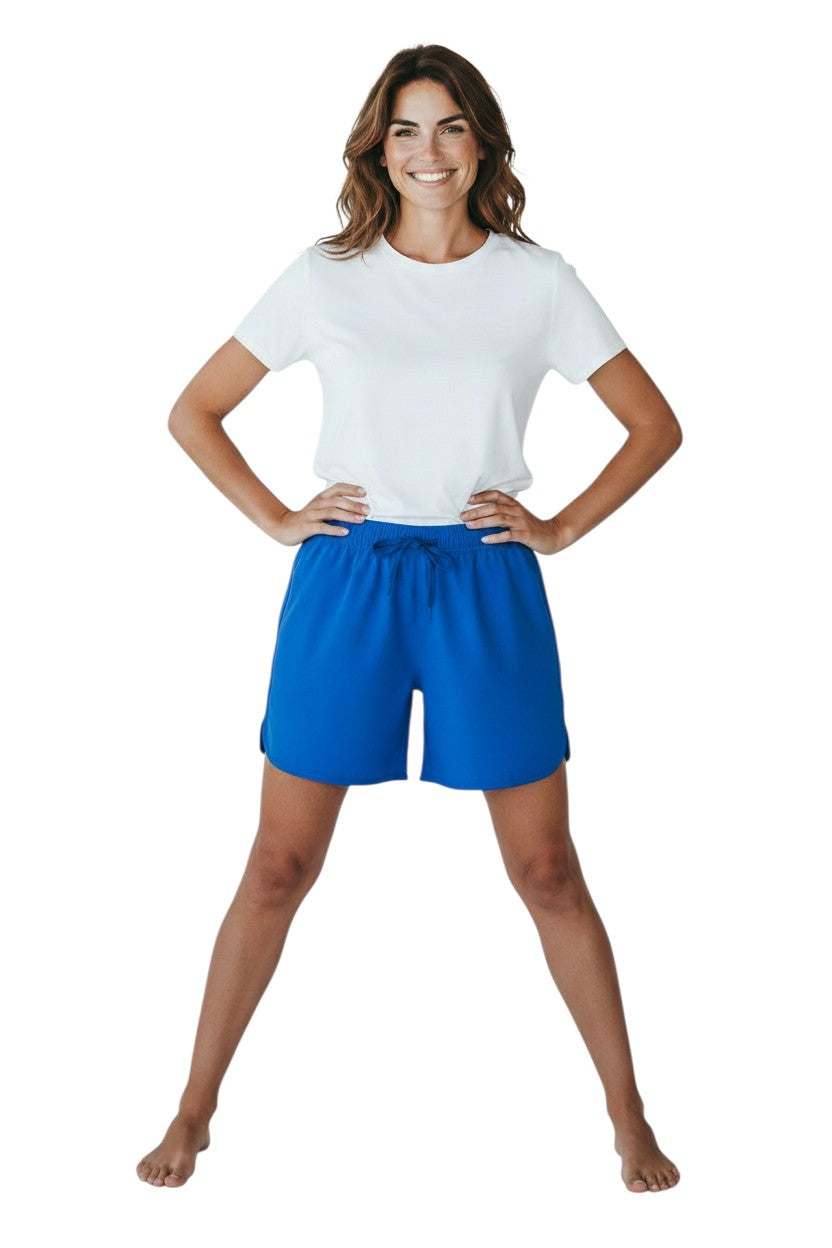 The Lifeguard Store Kiefer Women’s 5” royal blue polyester shorts with white drawstring and two front pockets.