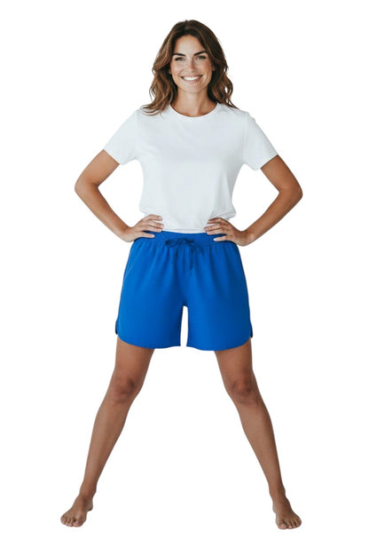 The Lifeguard Store Kiefer Women’s 5” royal blue polyester shorts with white drawstring and two front pockets.