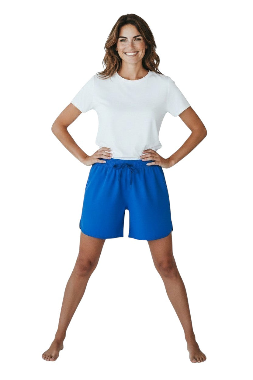 The Lifeguard Store Kiefer Women’s 5” royal blue polyester shorts with white drawstring and two front pockets.