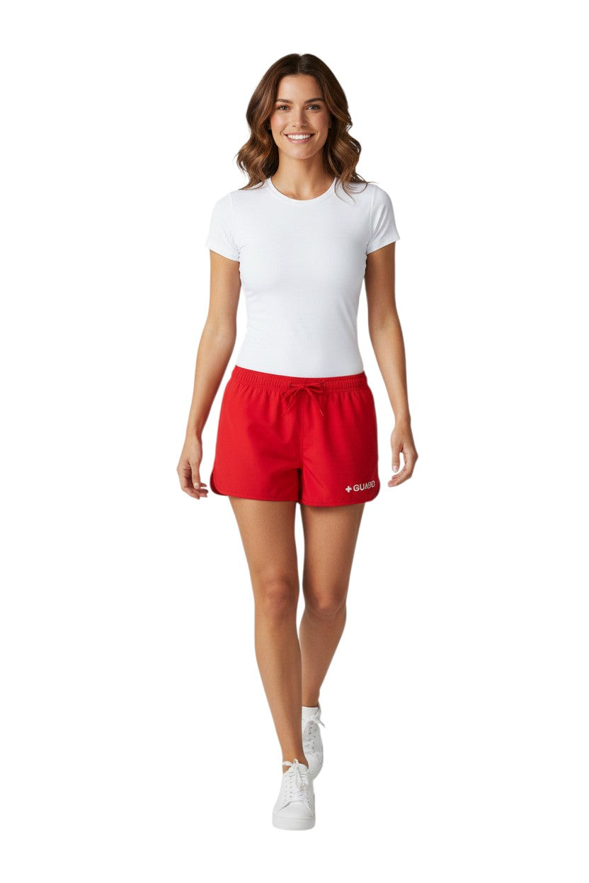 The Lifeguard Store Kiefer Women's Guard 5" red quick-dry shorts with drawstring and side pockets.