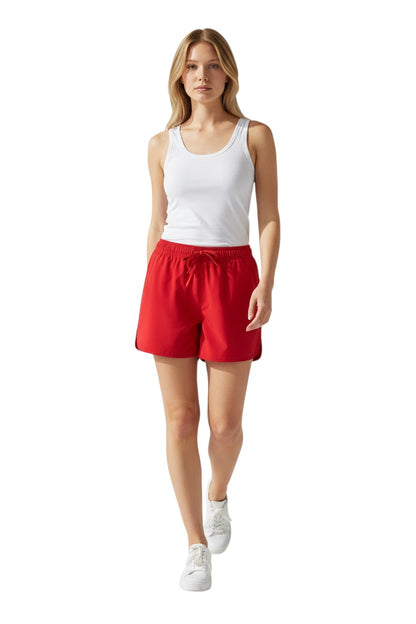 The Lifeguard Store Kiefer Women's 5" red quick-dry swim shorts with elastic waistband and drawstring. UPF50+.