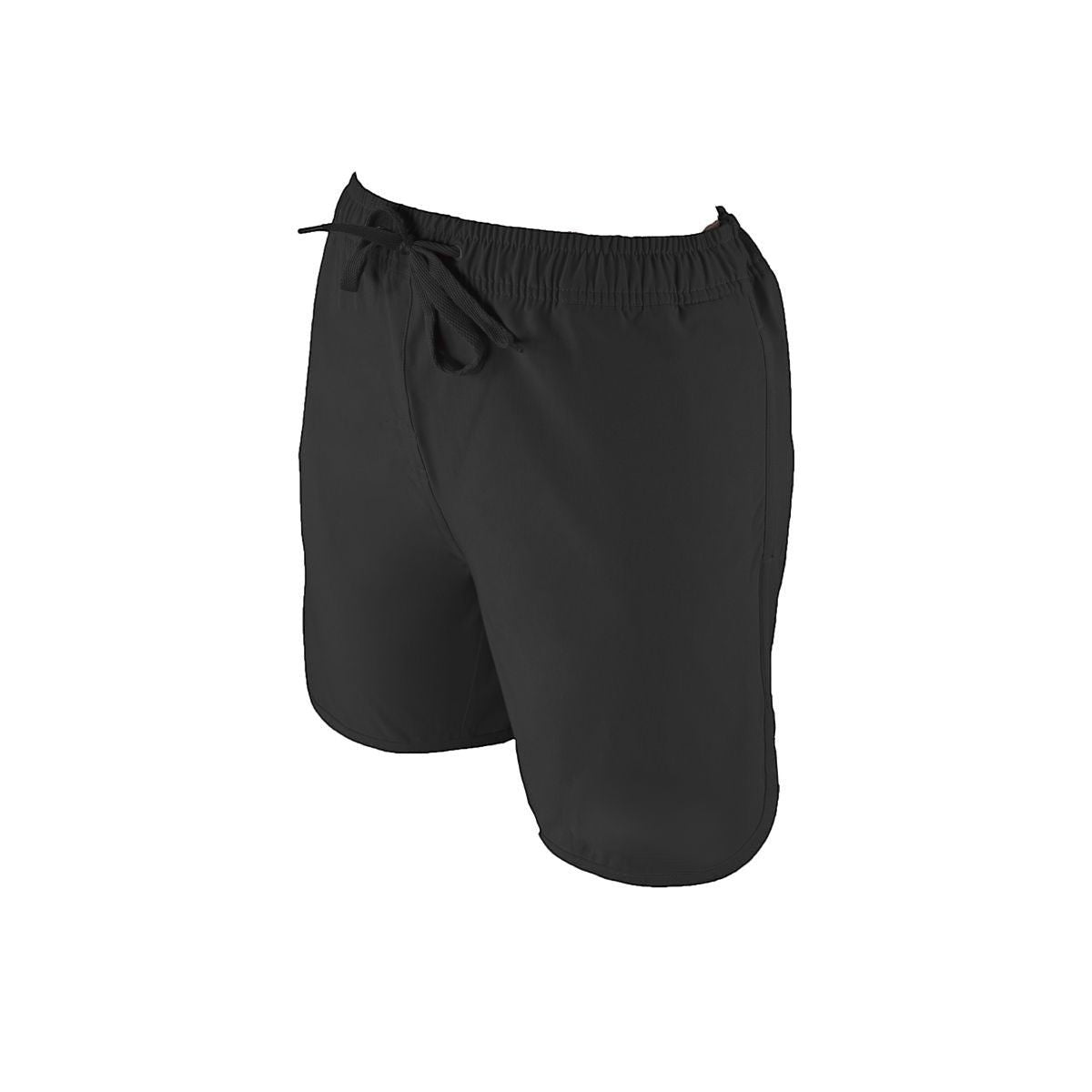 The Lifeguard Store Men's black polyester 5" inseam shorts with liner and drawstring waist.