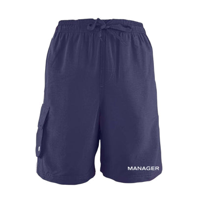 The Lifeguard Store Men's navy blue polyester board shorts with liner, elastic waistband, drawstring, and cargo pocket. "MANAGER" printed on leg.