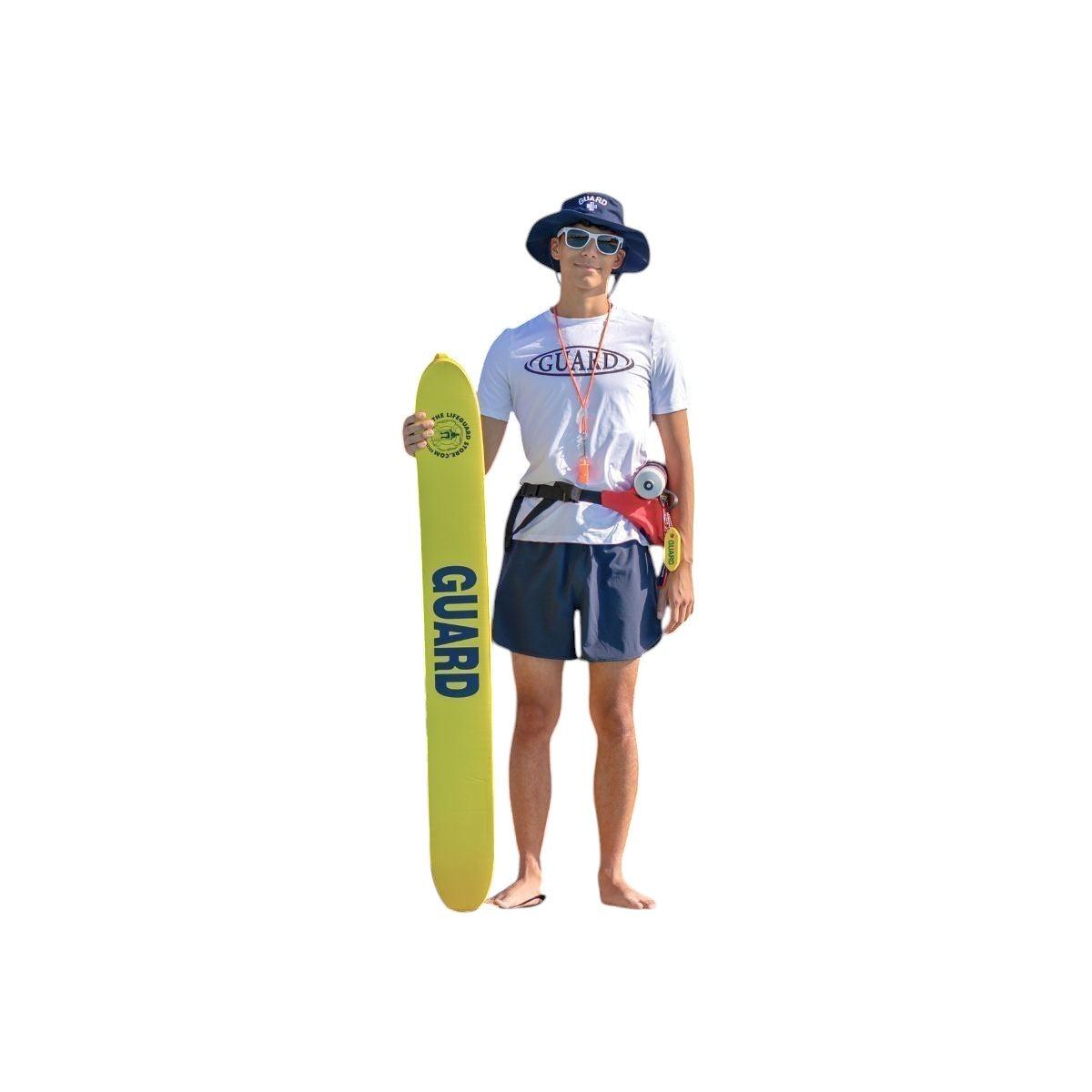 The Lifeguard Store Men's navy blue 5" lined lifeguard shorts with elastic waistband and drawstring. Model holds yellow rescue tube.