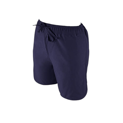 The Lifeguard Store Men's navy blue polyester lifeguard shorts with liner, elastic waistband, drawstring, and 5" inseam.