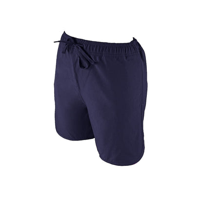 The Lifeguard Store Men's navy blue polyester lifeguard shorts with liner, elastic waistband, drawstring, and 5" inseam.