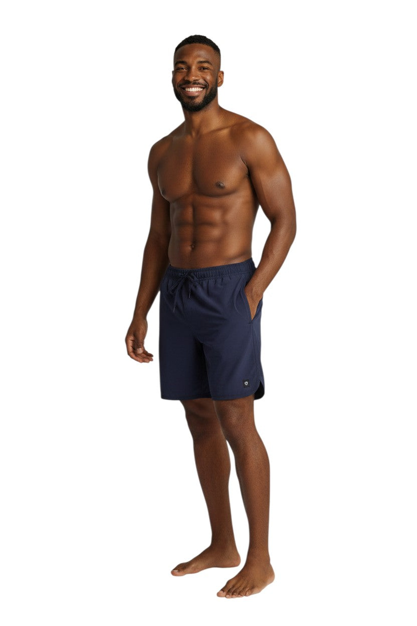 The Lifeguard Store Men's navy blue 5" inseam swim shorts with elastic waistband and drawstring. Quick-dry fabric.