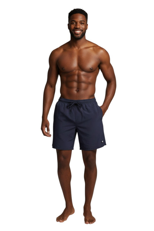 The Lifeguard Store Men's navy blue 5" inseam swim shorts with elastic waistband and drawstring. Quick-dry, 4-way stretch fabric.