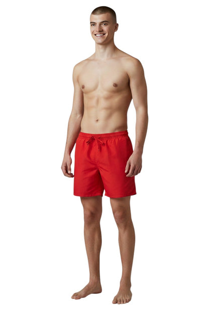 The Lifeguard Store Men's red polyester swim shorts with liner, elastic waistband, drawstring, and 5" inseam.
